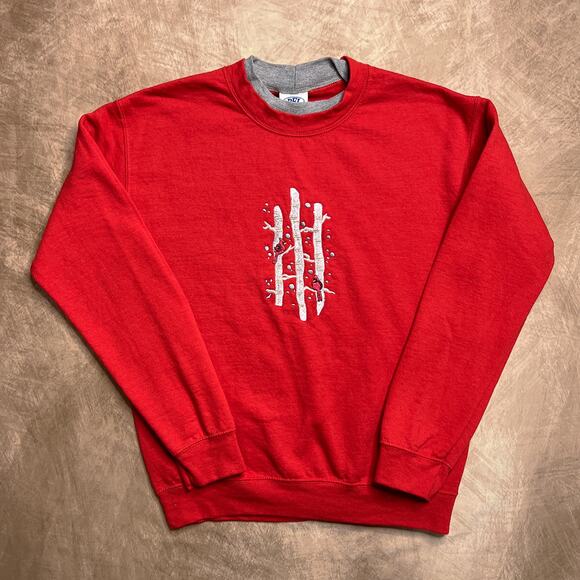 Vintage 90s PFI Fashions Embroidered Cardinal Snow Trees Sweatshirt Red Holiday - Picture 1 of 6